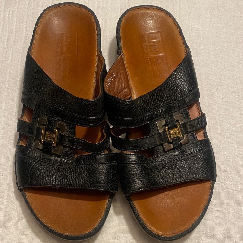 AJYAD  Black Leather Men's Slide Sandals with Tan Footbed and Gold Accents
